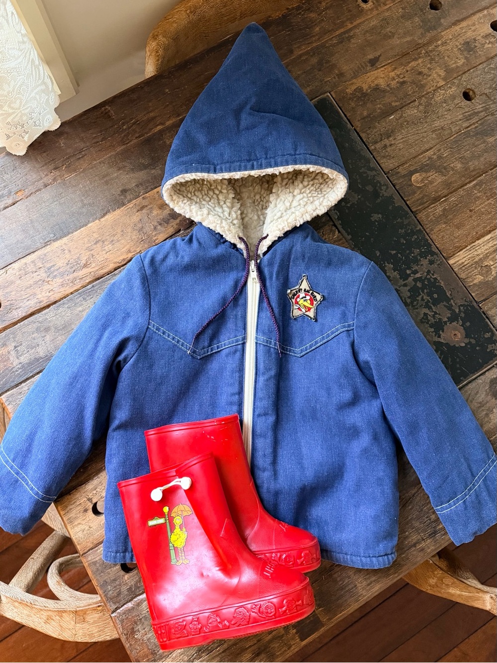 Sesame Street vintage Sherpa-Lined denim pixie Hooded Jacket w/ Big Bird Boots